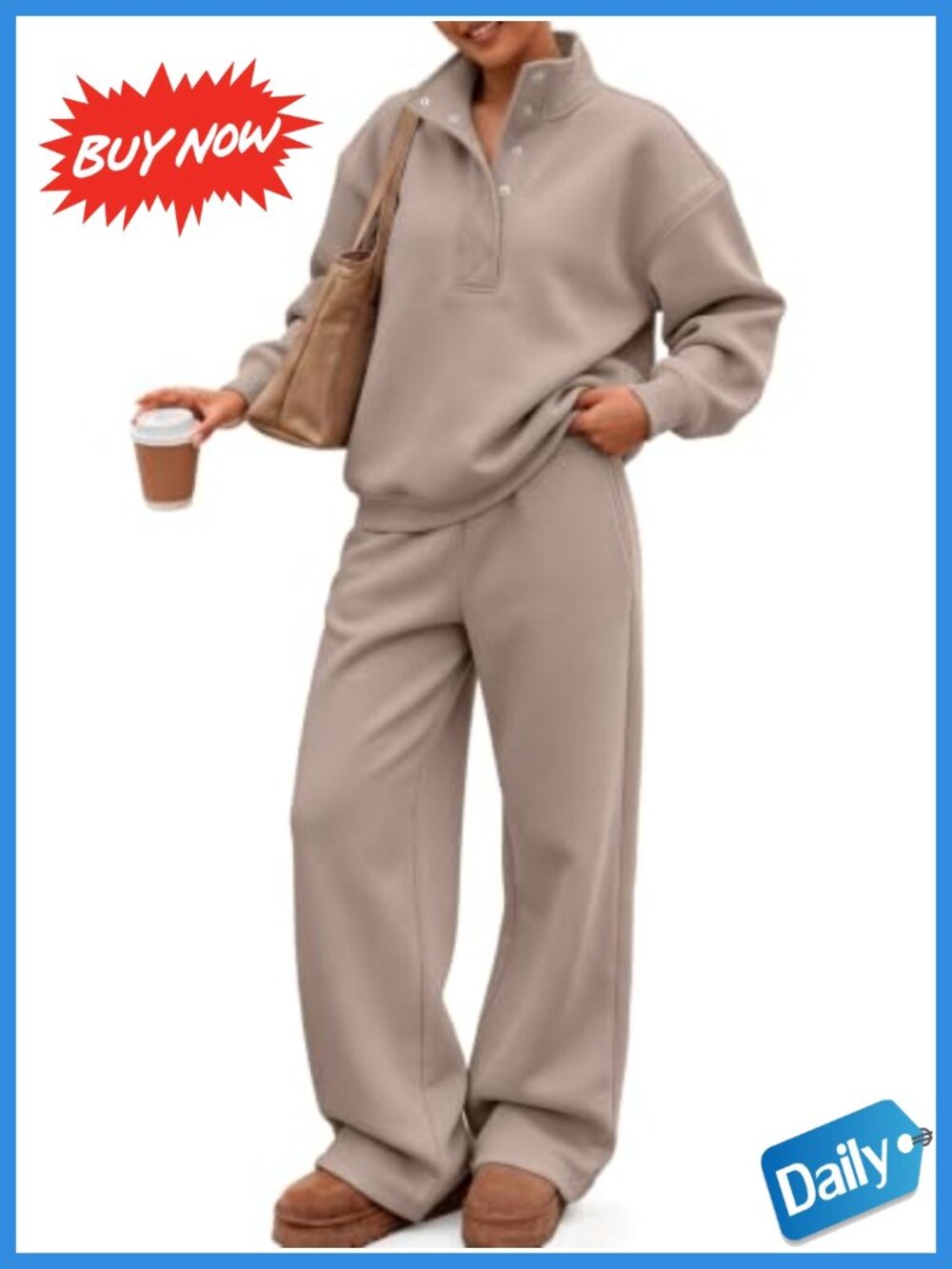 Women's 2 Piece Oversized Sweatsuit Snap Mock Neck Cotton Polyester